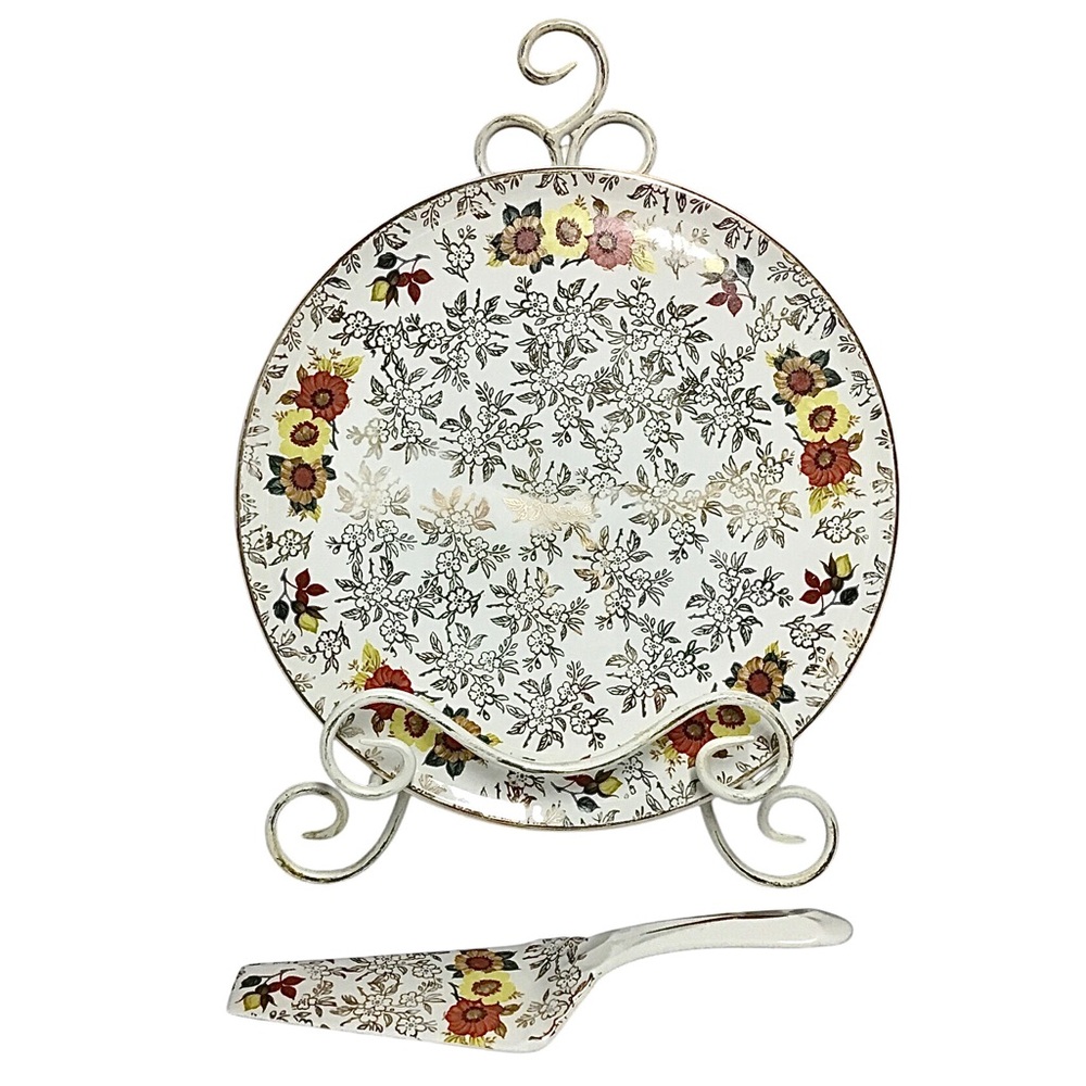 Vintage H. Aynsley & Co. Gold Chintz and Floral Cake Plate and Server